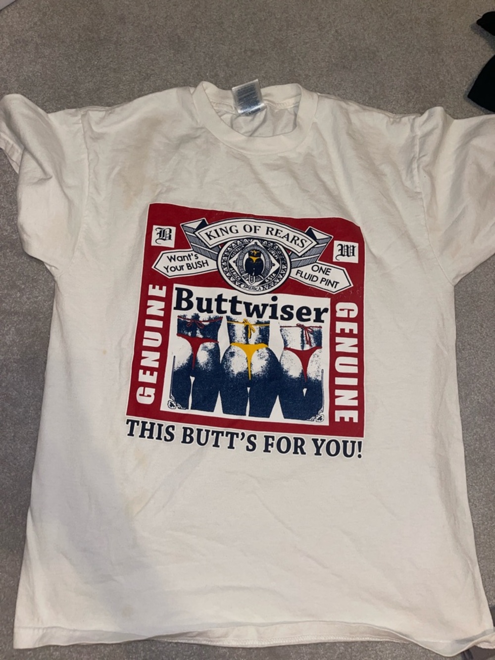 Vintage 90’s White Graphic 'Buttwiser' Short Sleeve Tee with Red & Blue Print